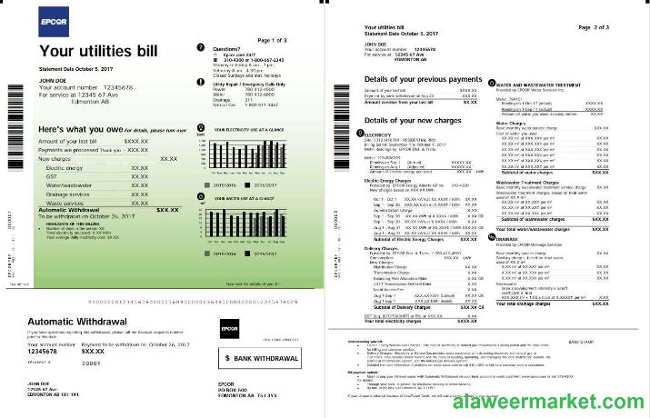 Canada Epcor electricity utility bill template in Word and PDF format, 3 pages 1 2